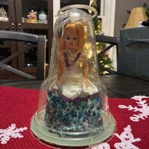 Vintage A&H Fair Doll in clear plastic dome, teal dress